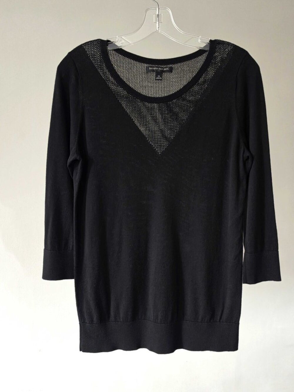 Banana Republic Sexy Mesh Panel 3/4 Sleeve Lightweight Black Sweater Top Sz Med